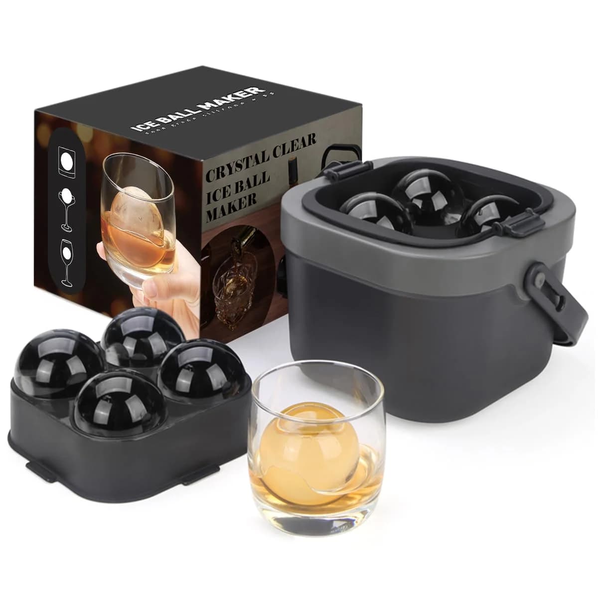 Macchina per palline di ghiaccio cristalline, 4 grandi stampi per cubetti di ghiaccio con sfera trasparente da 2,4 pollici per whisky, cocktail e Bourbon
