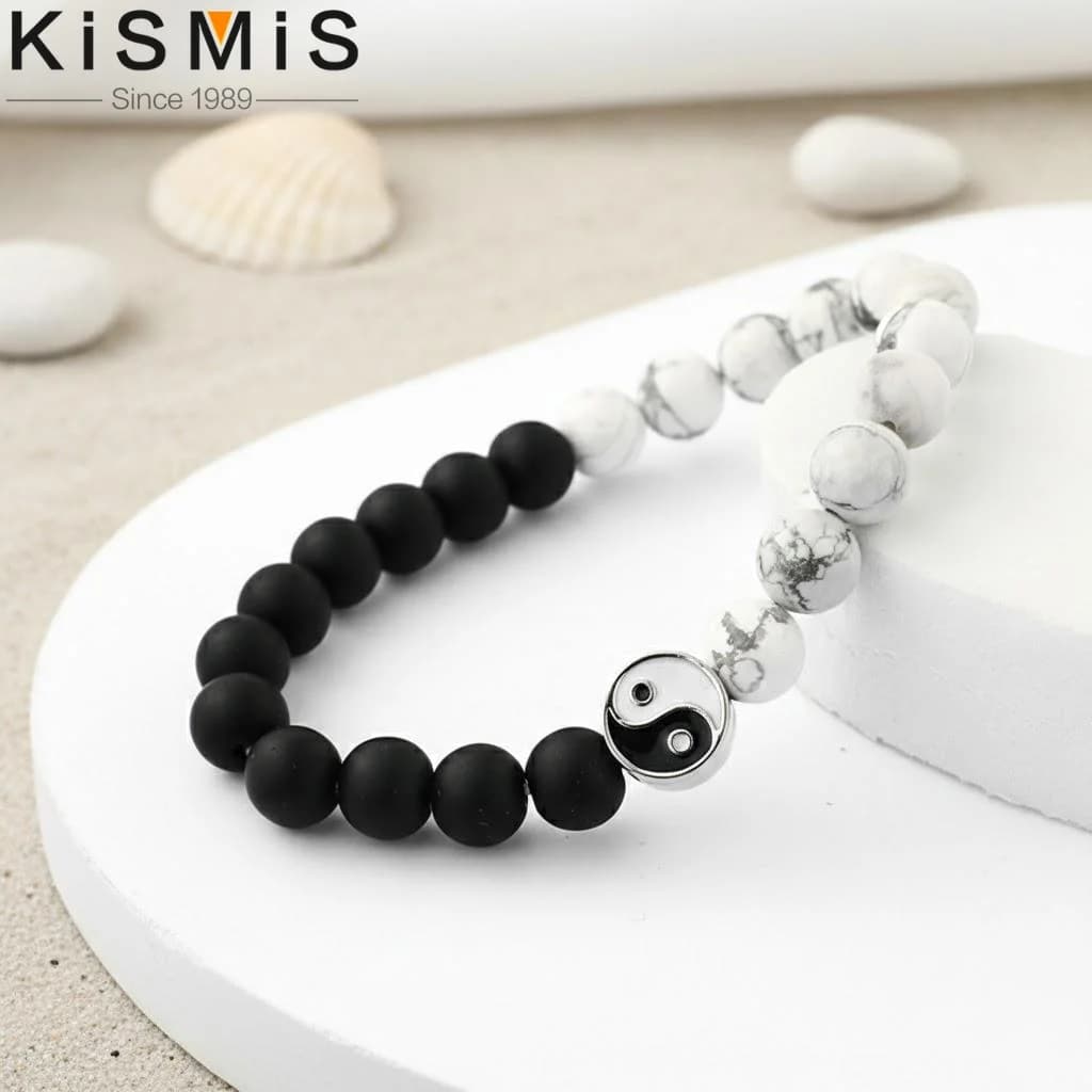 Nuovo Braccialetto Distanza con Perle in Pietra Naturale Yin Yang per Uomo Donna, Classico Bianco Nero, Regalo per Migliori Amici e Amicizia