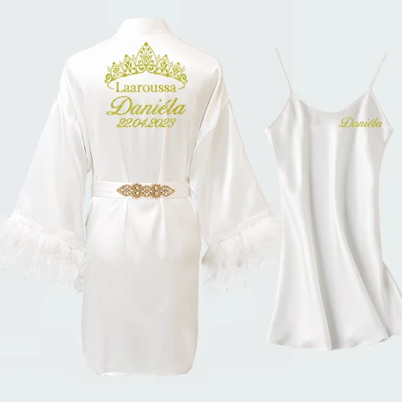 Custom Name Date Feather Bathrobe Night Shirt Set Bridal Dresses Wedding Party Bachelorette Preparewear