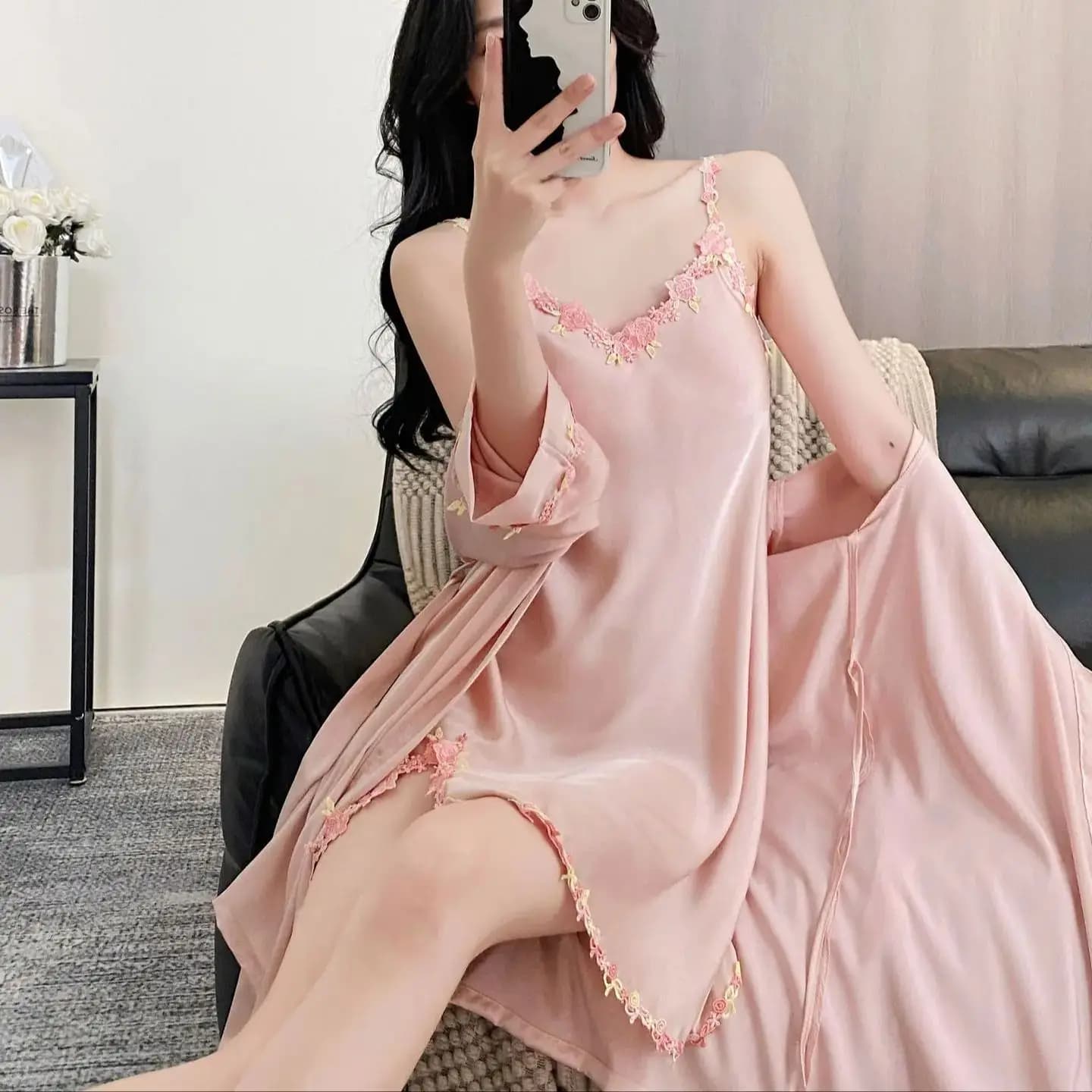 Sexy Embroidery Applique Trim Kimono Bathrobe Gown Set Women Dress Suit Satin Loungewear Pajamas