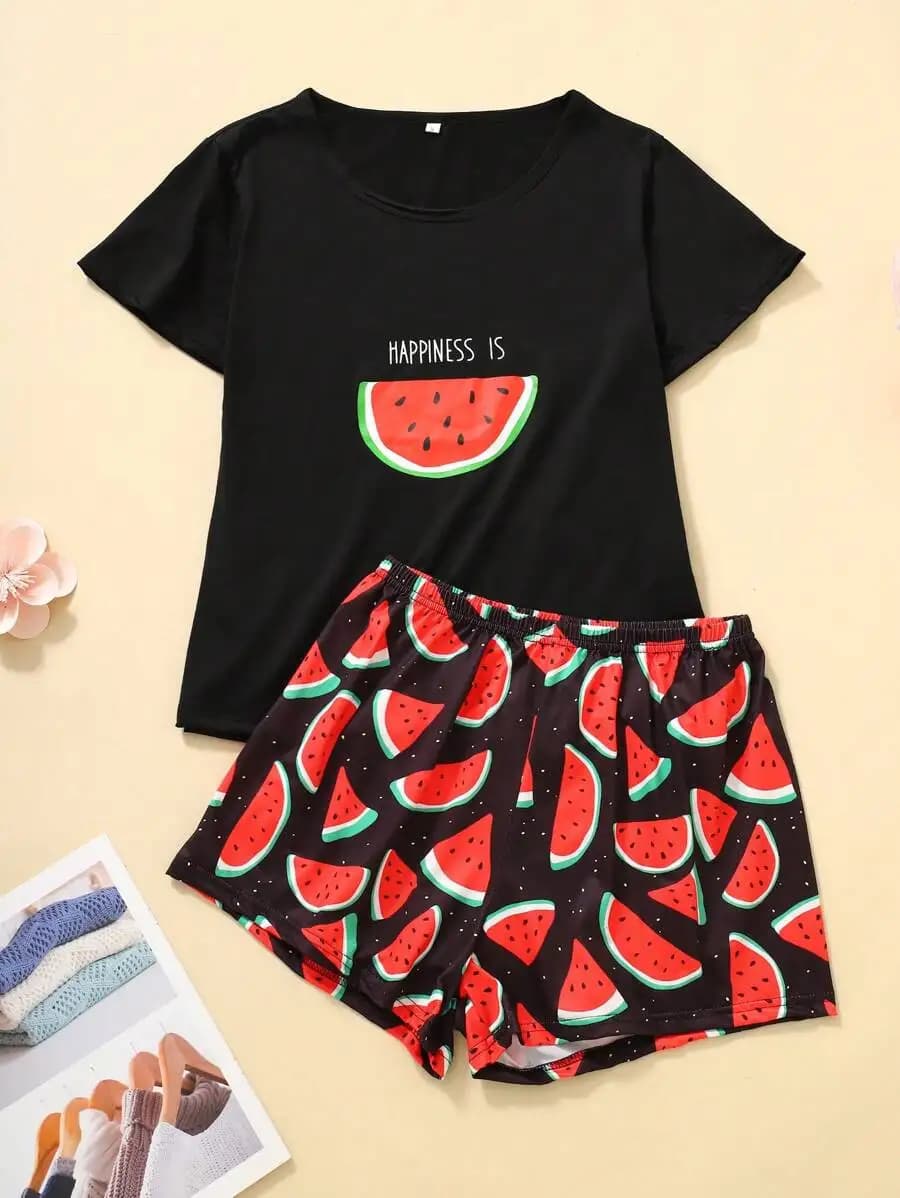 Pigiama da donna in 2 pezzi, top nero a maniche corte e pantaloncini con stampa anguria
