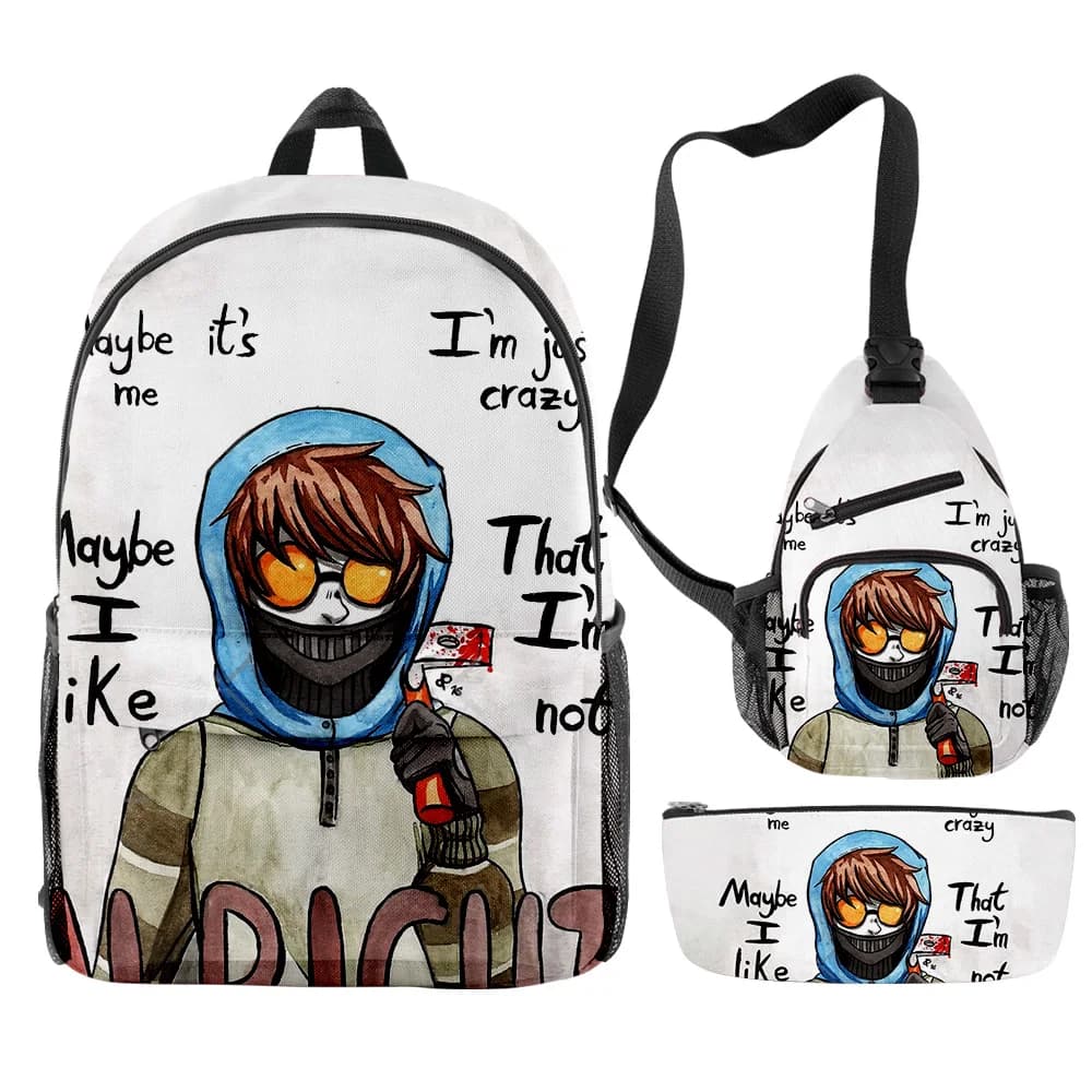 Set of 3 Pieces Classic and Original Creepypasta with 3D Printing: School Backpack, Laptop Travel Bag, Shoulder Bag