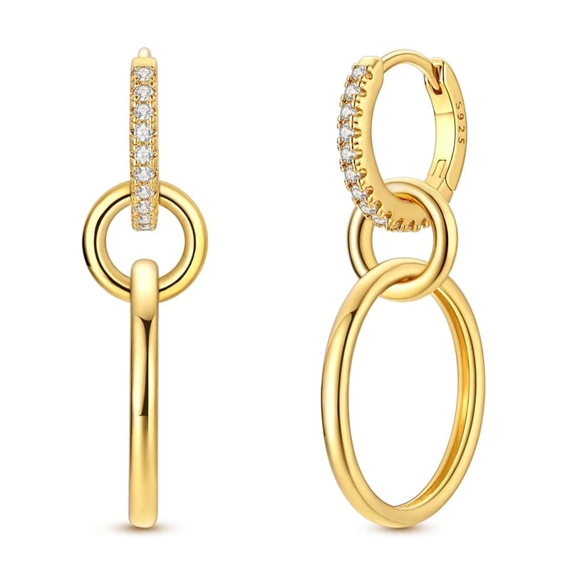 925 Sterling Silver Earrings Women Zirconium Gold Plated Three Ring Combination Drop Earring For Anniversary Wedding Jewelry