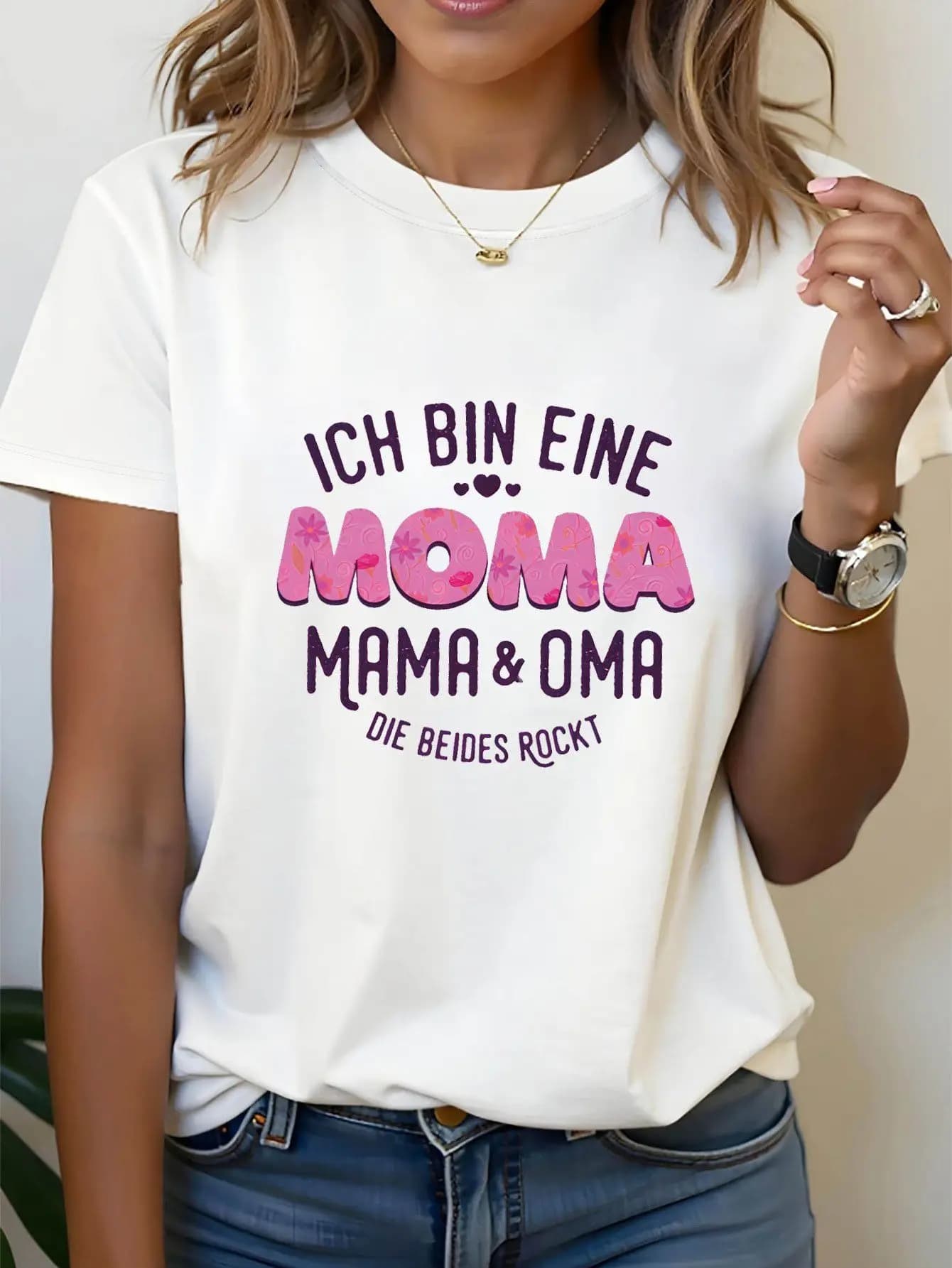Women's German "Ich Bin Eine Moma & " T-Shirt - Bilingual Mom & Grandma Letter Print Short Sleeve Crew Neck Top, Casual Spring Summer Blouse for Casual Attire Suitable for Moms and Grandmas