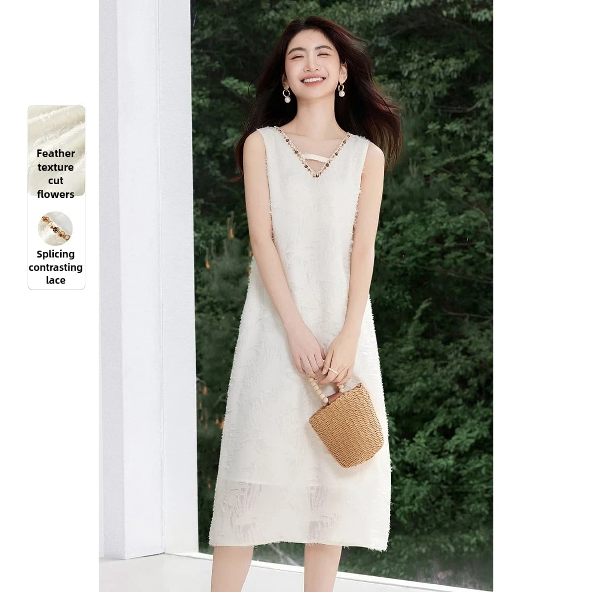 SENTUBILA Abito Elegante da Donna di Lusso per Feste 2026 Estivo Albicocca Casual con Scollo a V e Dettagli Traforati, Vestito Midi Dritto Q52LP1605