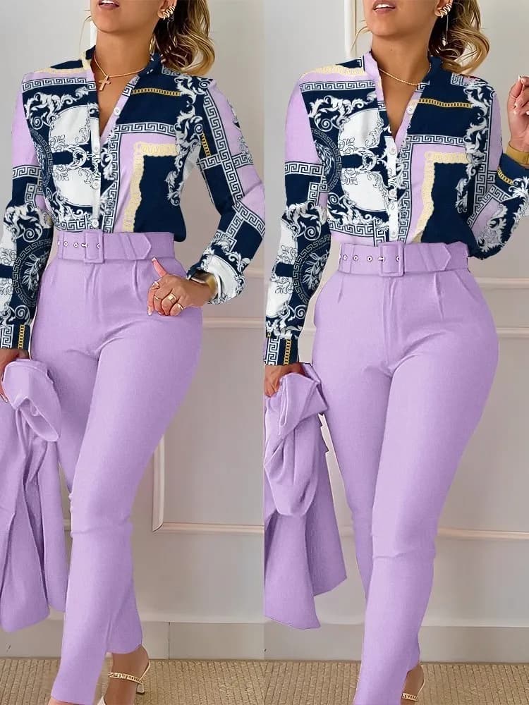 Autunno inverno Stand collo stampa floreale camicia a maniche lunghe pantaloni due pezzi set donna elegante camicia Casual pantaloni abiti con cintura