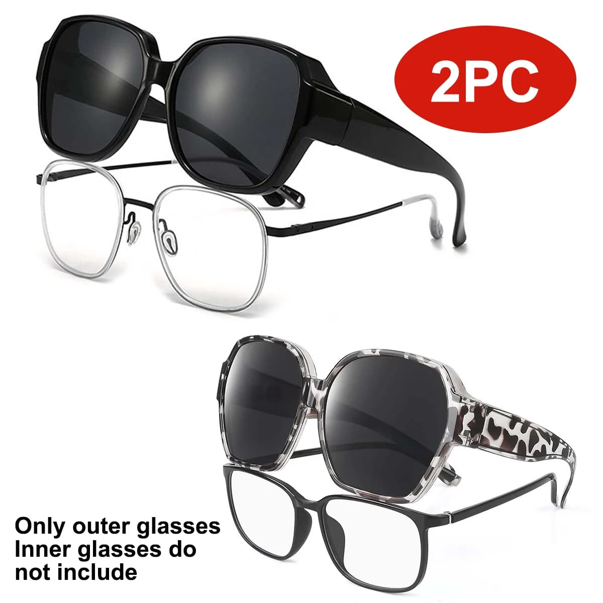 2 Pack Oversized Over Glasses Sunglasses for Women Men Square Fit Over Sun Glasses UV400 T01