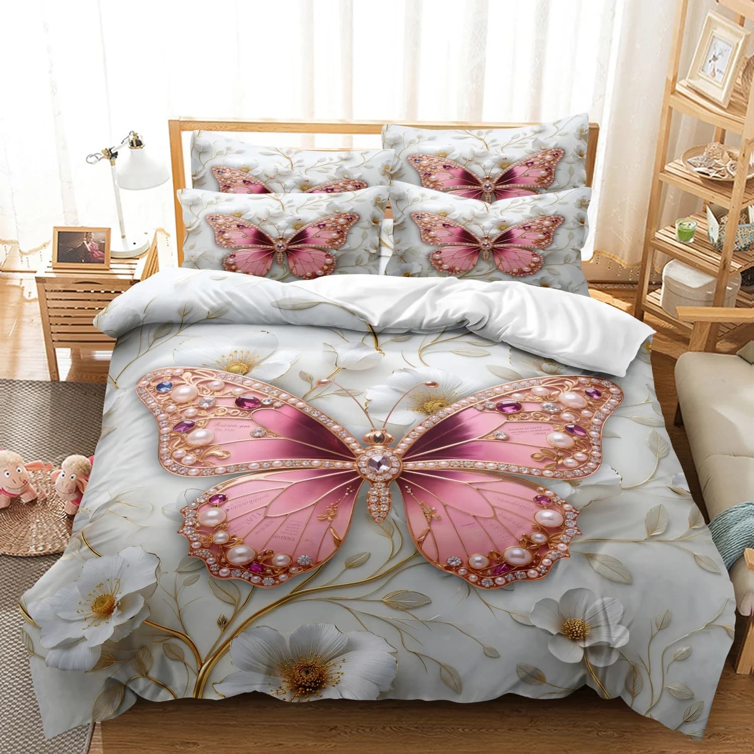 Jewel Pearl Pink Butterfly Print Duvet Cover Set, 3Pcs Light Gray Golden Vine White Flower Luxury Gem Butterfly Pattern Bedding