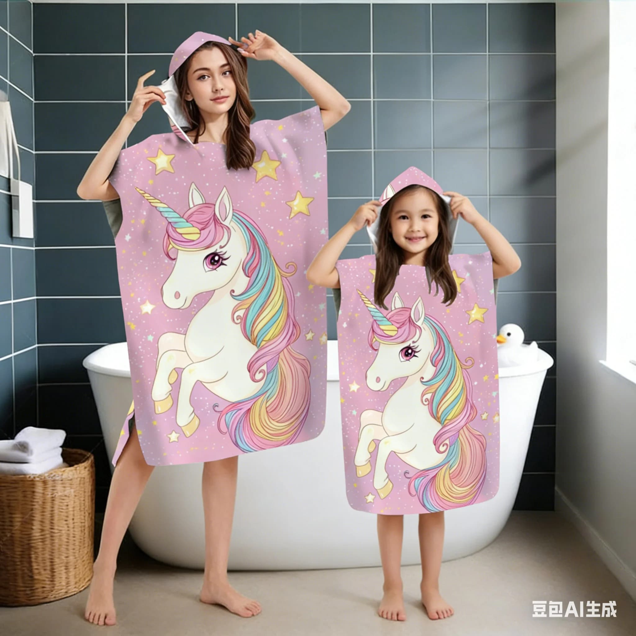 Accappatoio con Cappuccio a Forma di Unicorno Rosa con Bottoni a Scatto per Donne e Bambini, Morbido Asciugamano Indossabile Assorbente per Doccia e Spa