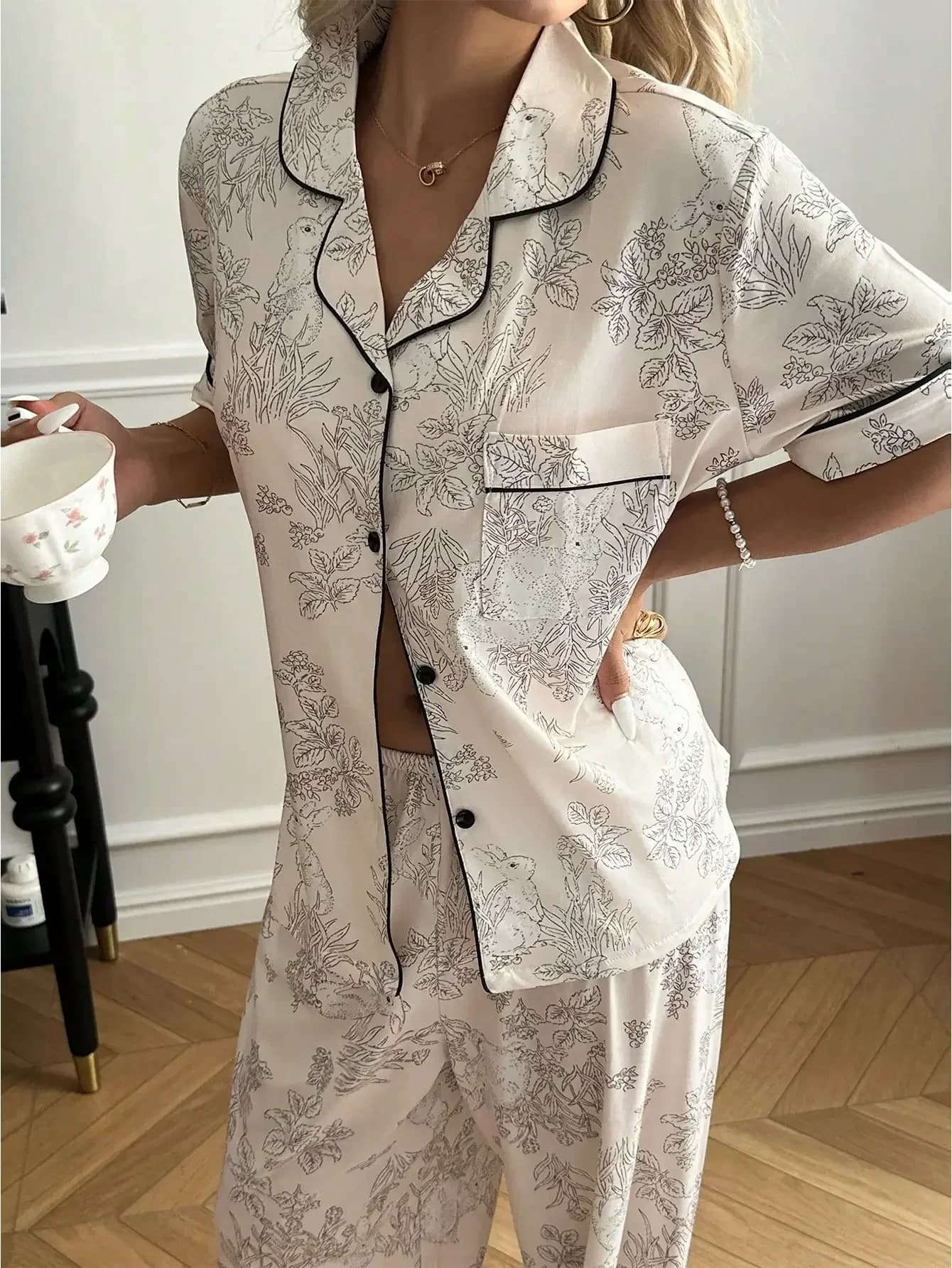 Floral Tree Rabbit Print Short Sleeve Pants Collar Pajama Set Cozy And Elegant Details summer