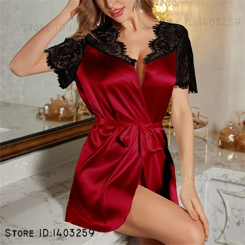 Sexy Female Robe Dress Patchwork Lace Short Sleeve Kimono Bathrobe Gown Loungewear Loose Satin Home Dressing Gown Lingerie