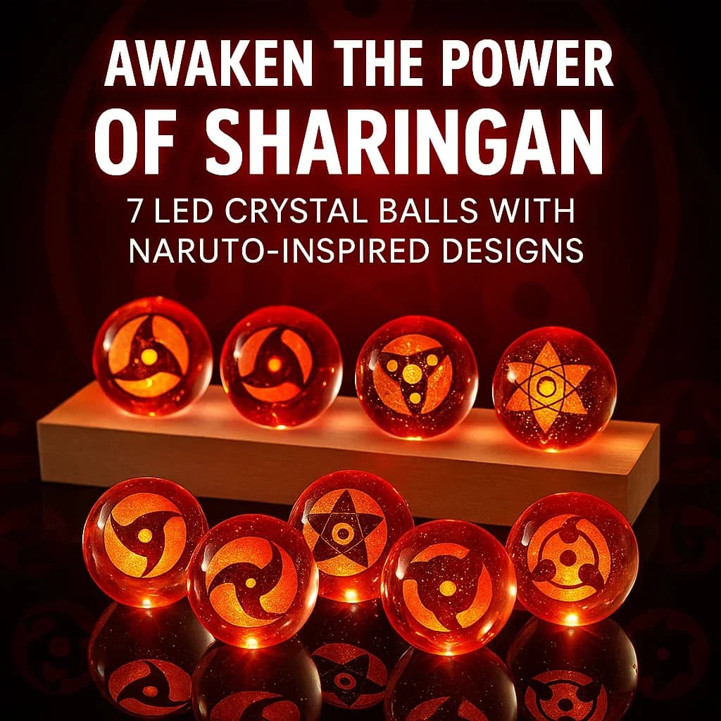 Anime Sasukes Sharingans Sfera di cristallo con base a LED 7 pezzi Ornamento creativo Luci per figure da tavolo Giappone Ninjas Fans Regalo di compleanno