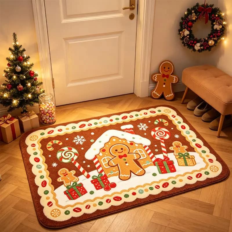 VIKAMA Christmas Gingerbread Man Doormat Non-Slip Xmas Print Floor Rug For Entryway Front Door Indoor Home Holiday Decor
