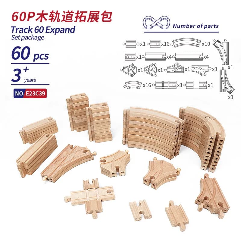 Set di 18-60 Pezzi di Binari Ferroviari in Legno di Faggio, Compatibili con Tutti i Marchi, Giocattoli Educativi per Bambini