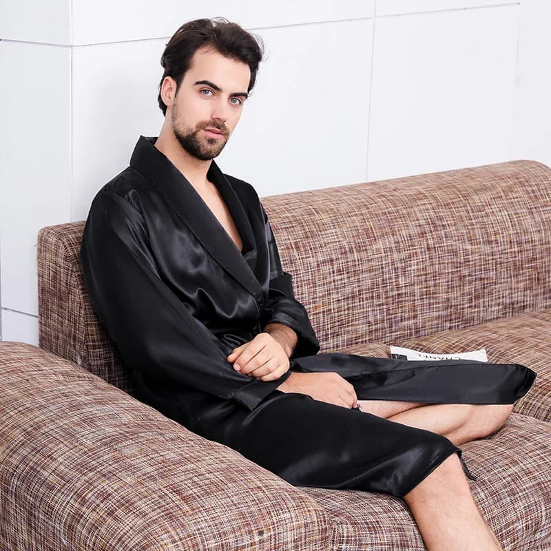 Men's Large Dress Kimono Bathrobe with Pocket Nightwear in Black Silk Satin Nightwear Nightwear Spring Summer Homewear 5XL 6XL 7XL