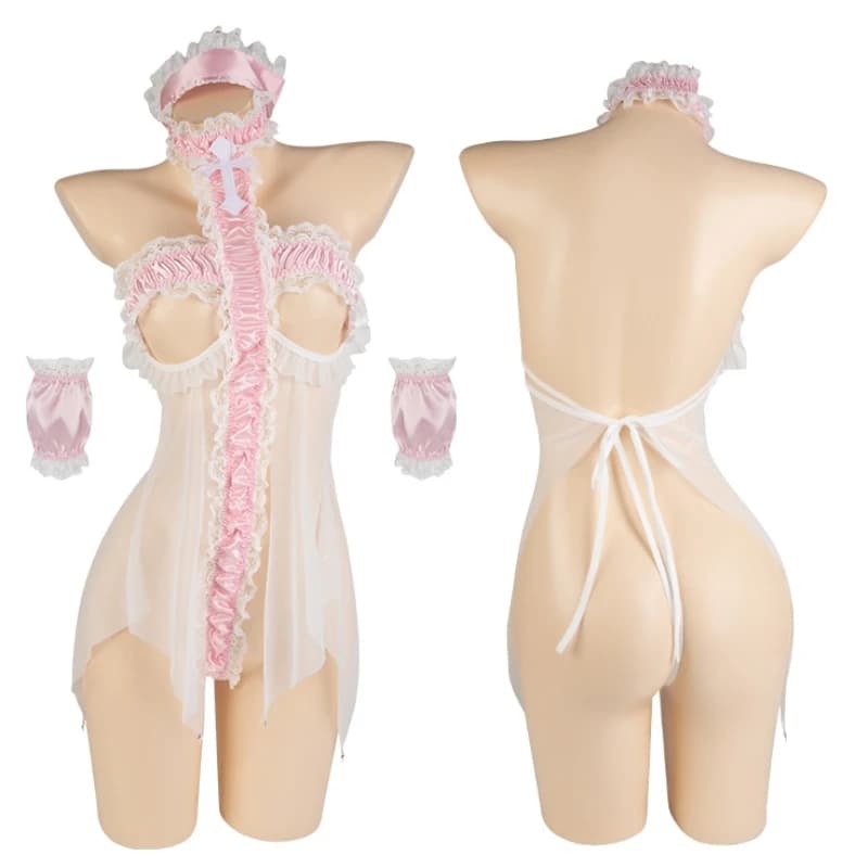 Sexy maglia cava vedere attraverso camicia da notte donna cameriera gioco di ruolo body senza schienale rosa principessa biancheria intima lingerie vestito da ragazza carina