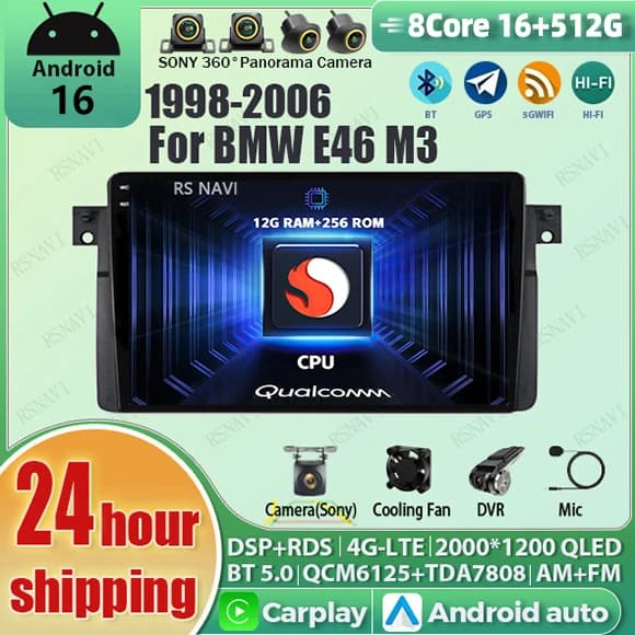 Android 16 For BMW 3-Series E46 M3 318 320 325 330 335 2K QLED Android Car Radio Multimedia Video Player AI Voice CarPlay stereo