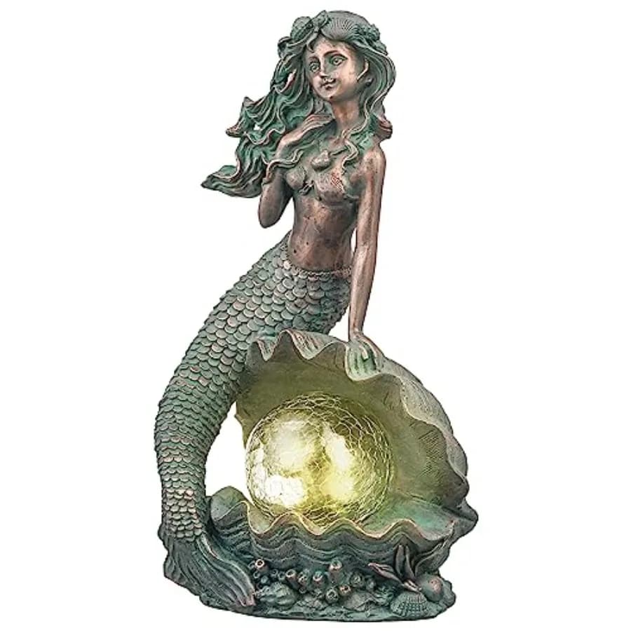 Statue da Giardino a Forma di Sirena con Luci Solari per Decorazioni Esterne, Sculture e Statue di Fate con Patina in Bronzo, Decorazioni Natalizie