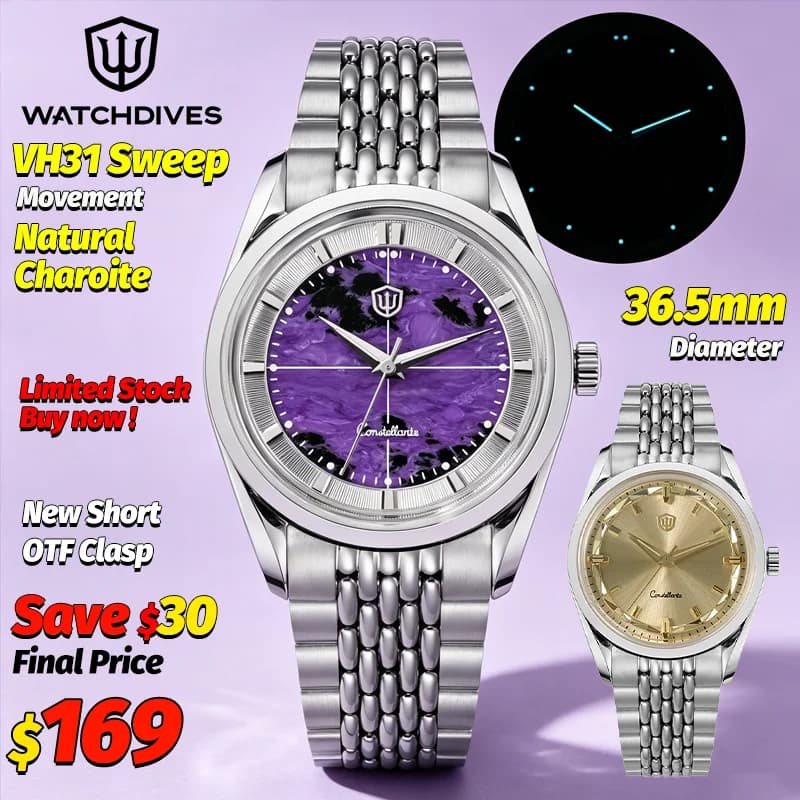 Watchdives WD1954 Charoite 36Mm Quartz Watch VH31 Movement AR Sapphire Waterproof 100M Stainless Steel Men's Luxury Watches