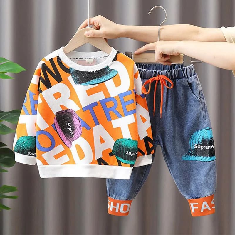 Nuovo Set di Abbigliamento per Bambini 2026, Felpa con Stampa Lettering alla Moda + Pantaloni in Denim, Completo Casual Primaverile e Autunnale per Bambini