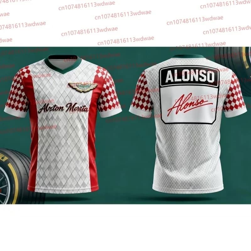 T-shirt a tema Alonso con cuciture a quadri classiche e stampe fronte-retro, stile sportivo casual per i fan delle corse, da indossare tutti i giorni