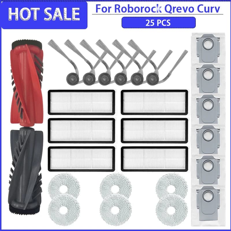 Spazzola Principale, Spazzola Laterale, Filtro HEPA, Panno per la Pulizia, Sacchetto Raccoglipolvere - Ricambi e Accessori per Robot Aspirapolvere Roborock Qrevo Curv / Qrevo Edge / Qrevo S5V