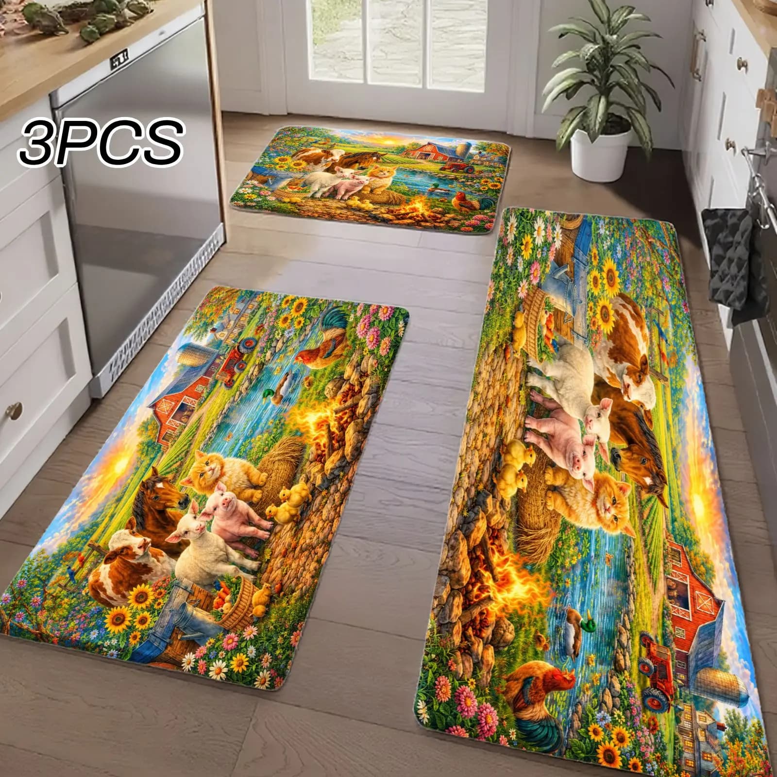 3PCS Kitchen Rugs,Home Decoration for Front Door, Kitchen, Bathroom, Farm Animals Sunflowers Barn Landscape Scene Dining Mat