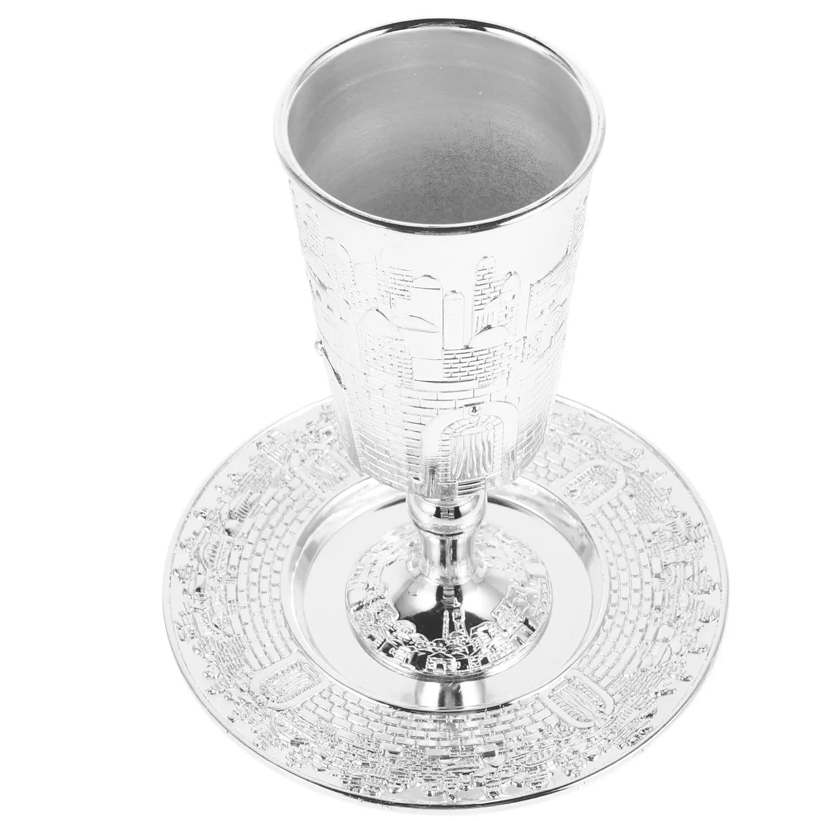Set di Bicchieri per il Santo Graal, Coppa per Shabbat in Lega di Zinco, Coppa Kiddush con Piattino, Decorazioni, Materiali Robusti, Tradizione Ebraica, Bellissimo