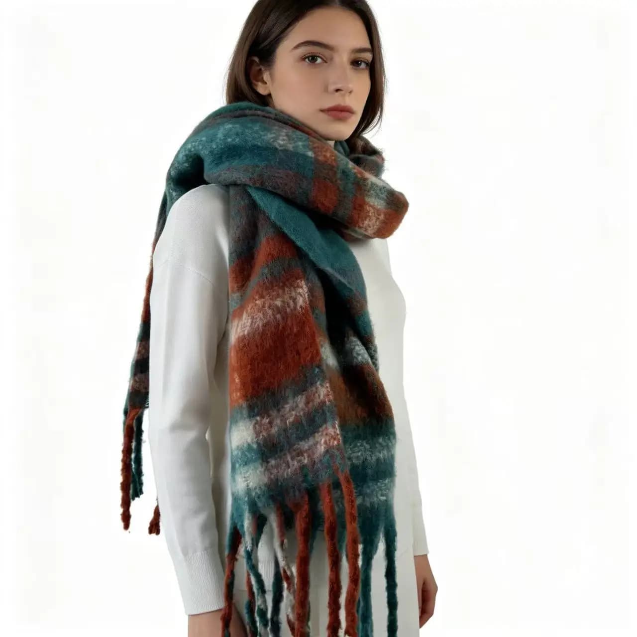 Women Plaid Tassel Knitted Scarf Unisex Thick Fluffy Retro Check Large Shawl Wrap Men Imitation Cashmere Loop Yarn Outdoor Warm