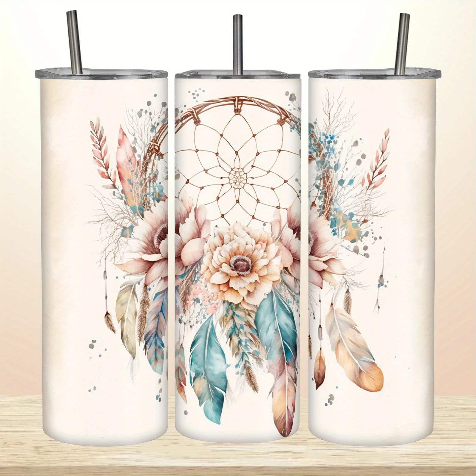 Dreamcatcher Boho Feathers & Flowers 20oz Tumbler - Vacuum Insulated Stainless Steel Travel Mug, Perfect for Coffee, Tea, Water - Ideal Gift for Mom, Teacher, Valentine's, Mother's Day, Christmas