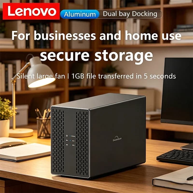 Case Server HDD Lenovo Dual Bay con Dissipazione del Calore, Box Esterno USB 3.0 Type-C per Doppio Disco Rigido 3.5 SATA