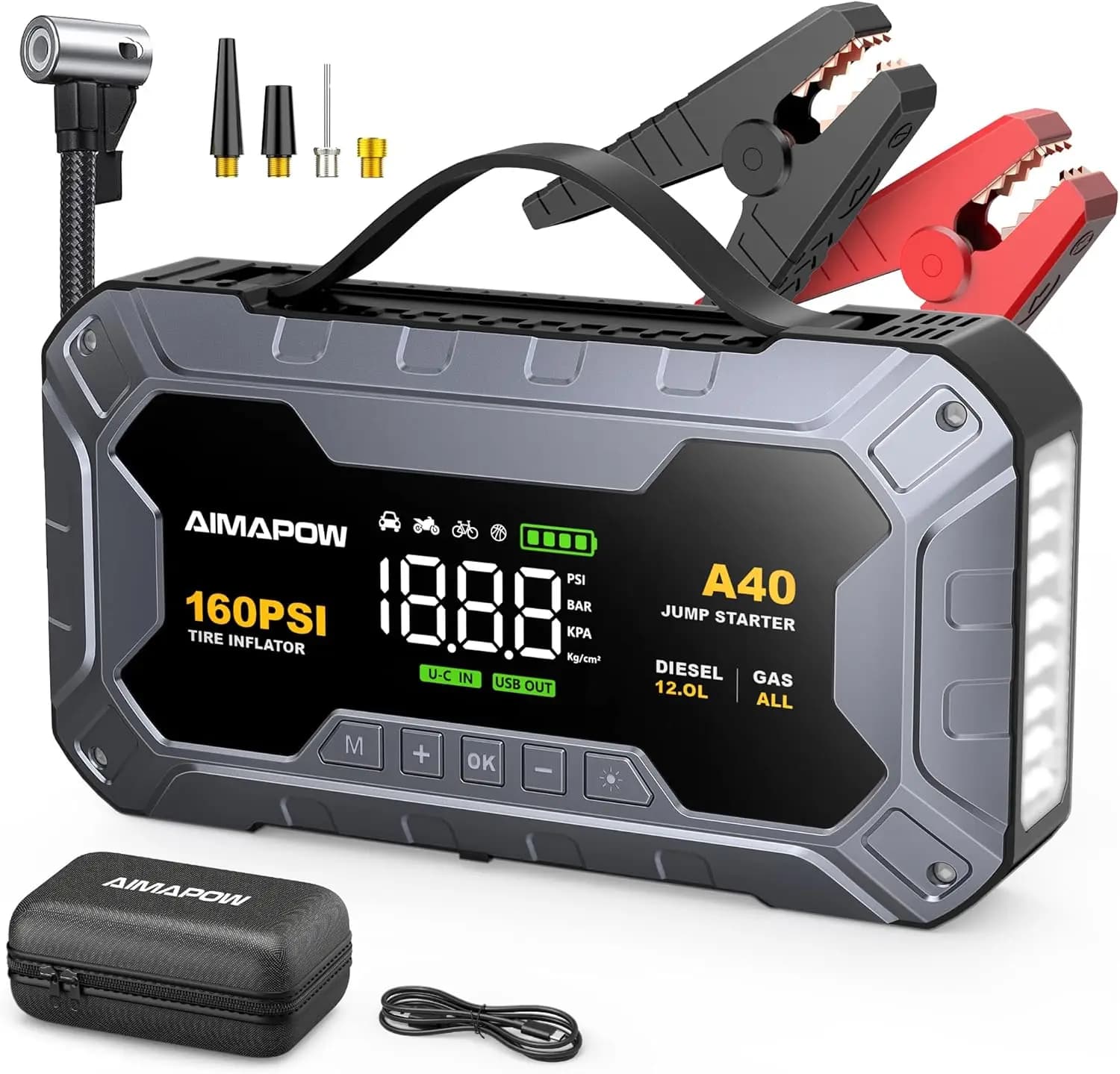 Avviatore di Emergenza 8000A 160PSI con Compressore d'Aria, Power Bank per Batteria Auto 12V per Benzina/Diesel, Torcia LED, Avviamento Forzato