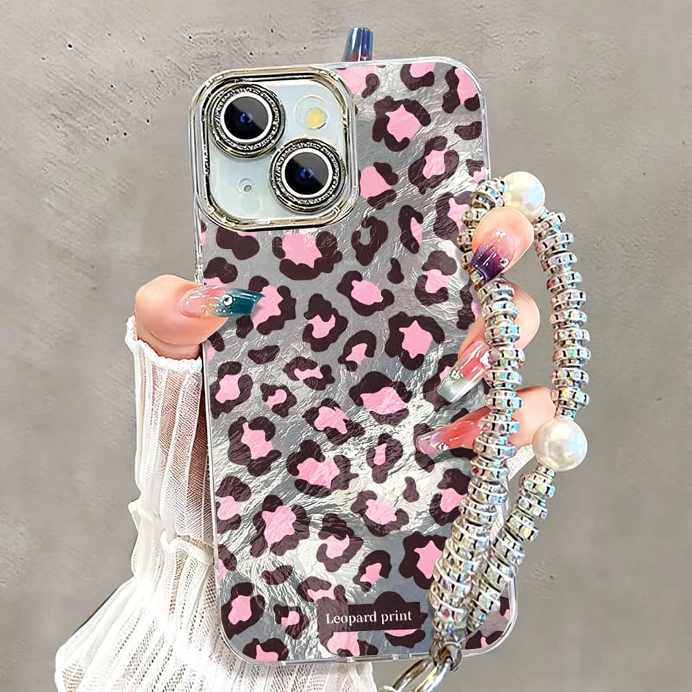 Pink Leopard Print Plating Diamond Lens Phone Cases For iPhone 17 13 11 12 Pro Max Plus 15 14 16 XR XS With Pearl Lanyard Cover