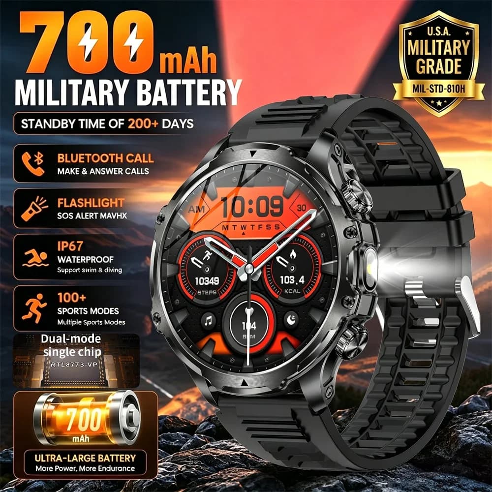 T-Rex 3 Military Grade 700mAh Battery Smart Watch 1.9-inch 416*416 HD Display LED Flashlight Bluetooth Call Men Sport Smartwatch