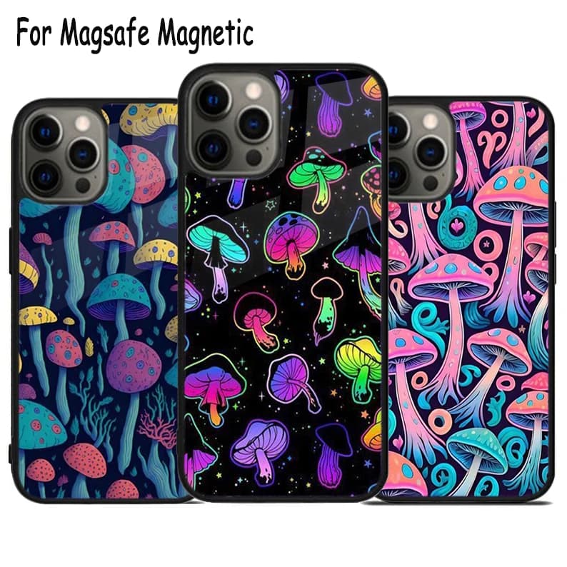 Cover per iPhone con Design a Fungo Psichedelico per iPhone 17 Air 15 16 16e 14 13 11 12 Pro Max Plus, Cover Magnetica Magsafe con Bumper