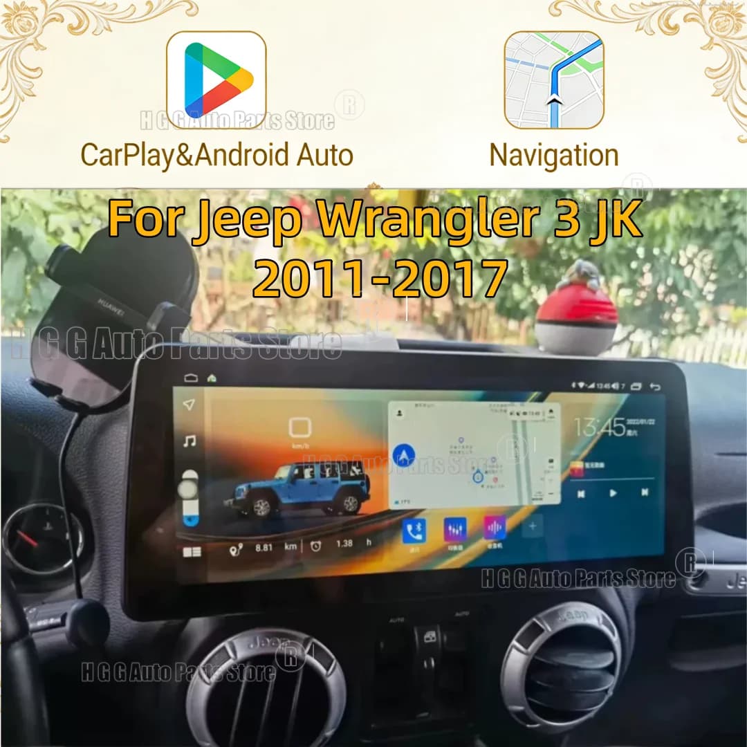 Autoradio multimediale da 12,3 pollici per Jeep Wrangler 3 JK 2011-2018 con Carplay wireless, Android Auto, GPS, stereo e DSP.