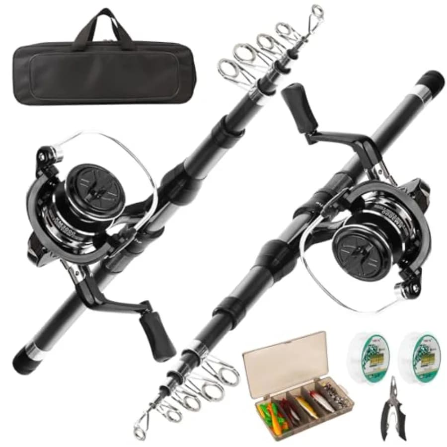 Set Canna da Pesca e Mulinello 2 Pezzi, Canne Telescopiche da 2,10m con Mulinelli Spinning, Esche, Pinze da Pesca e Borsa per il Trasporto