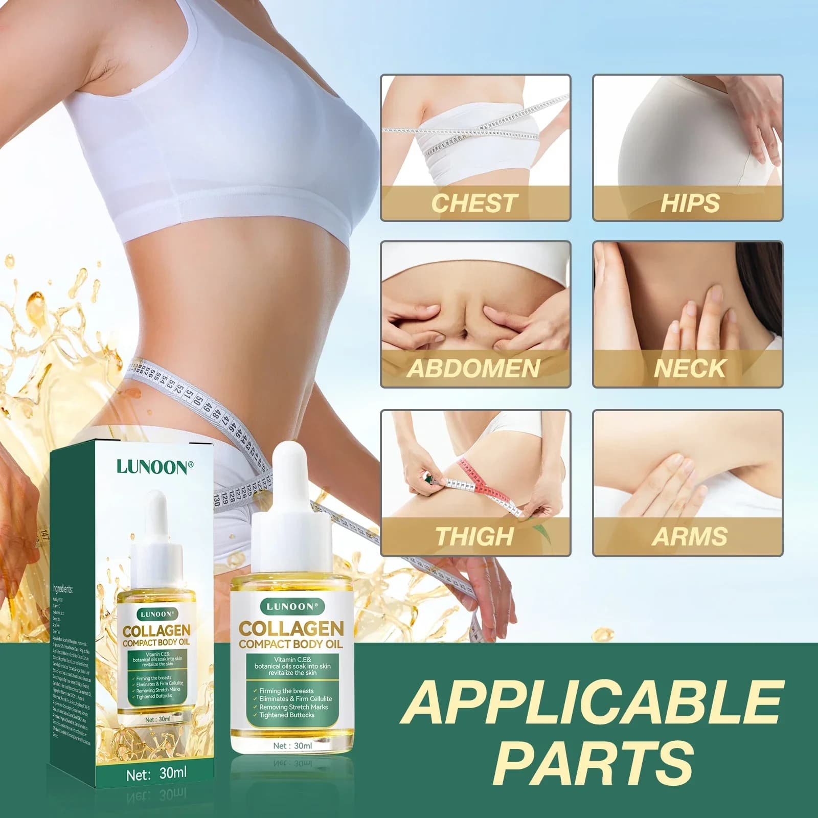 Shaping body oil to balance the female hormone: enriched collagen to reduce stretch marks, hard skin and improve curves.