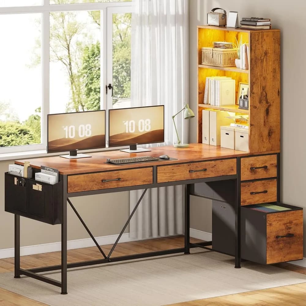 Scrivania per Computer con 5 Cassetti e Libreria, Scrivania per Ufficio Domestico con Ripiani Portaoggetti e Cassetto Portadocumenti, Angolo Gaming