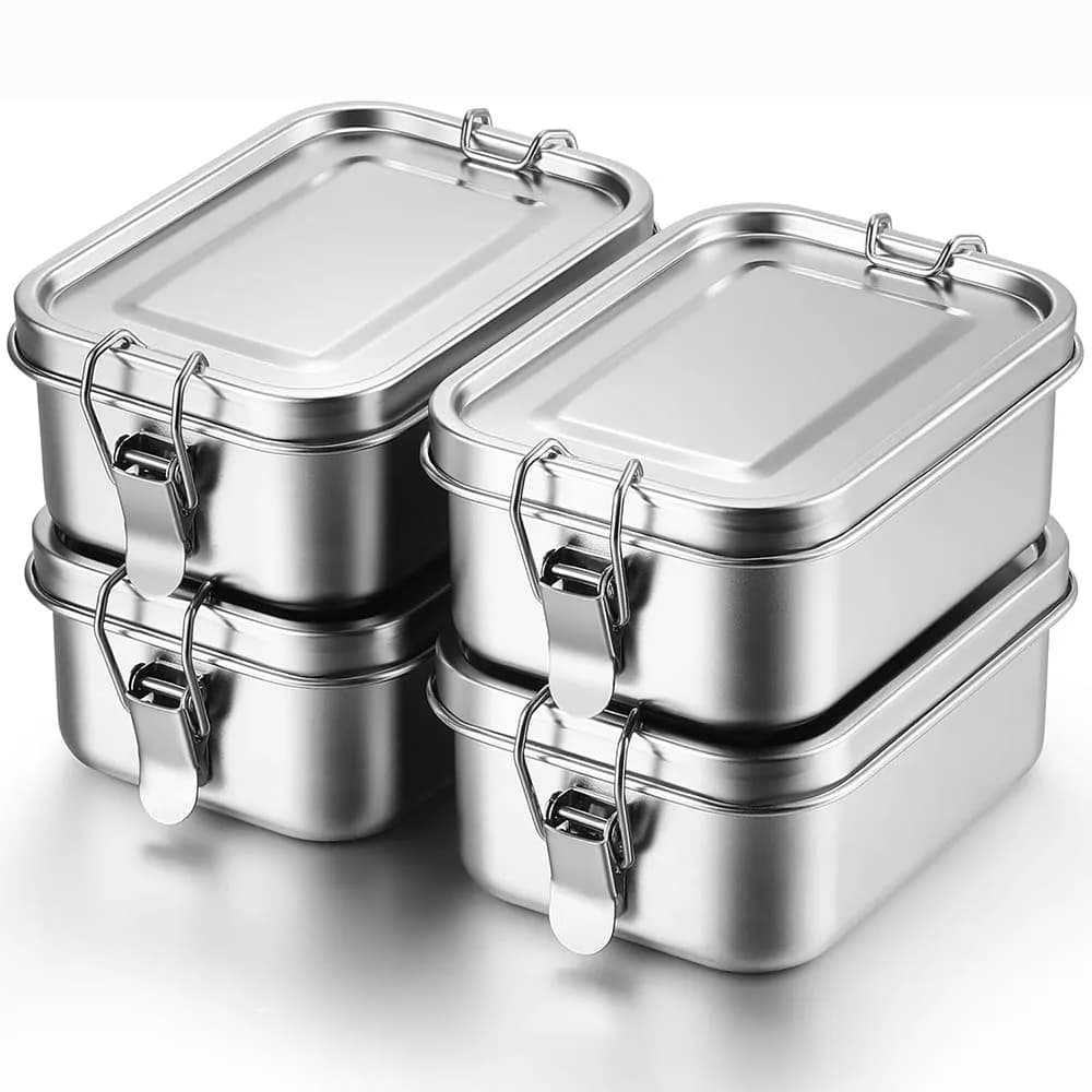 Contenitori per alimenti in metallo con bento box in acciaio inossidabile da 4 pezzi con clip con serratura Scatole per snack per il lavoro, scuola