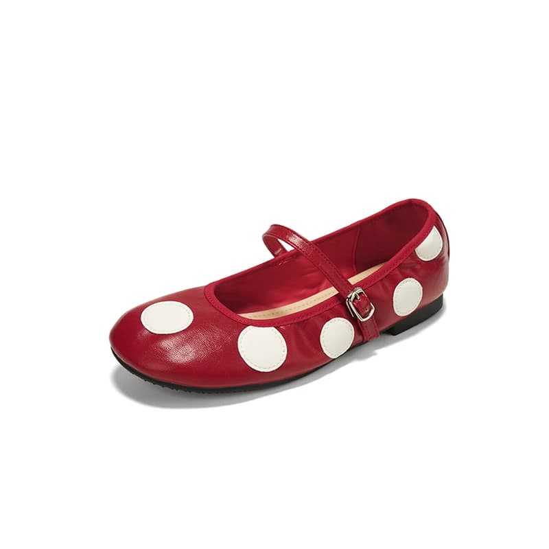 Black Flats Shoes Woman Round Toe Low Heels Pumps Red Polka Dots Ballet Flat Retro Ladies Buckle Loafers Shoes Autumn