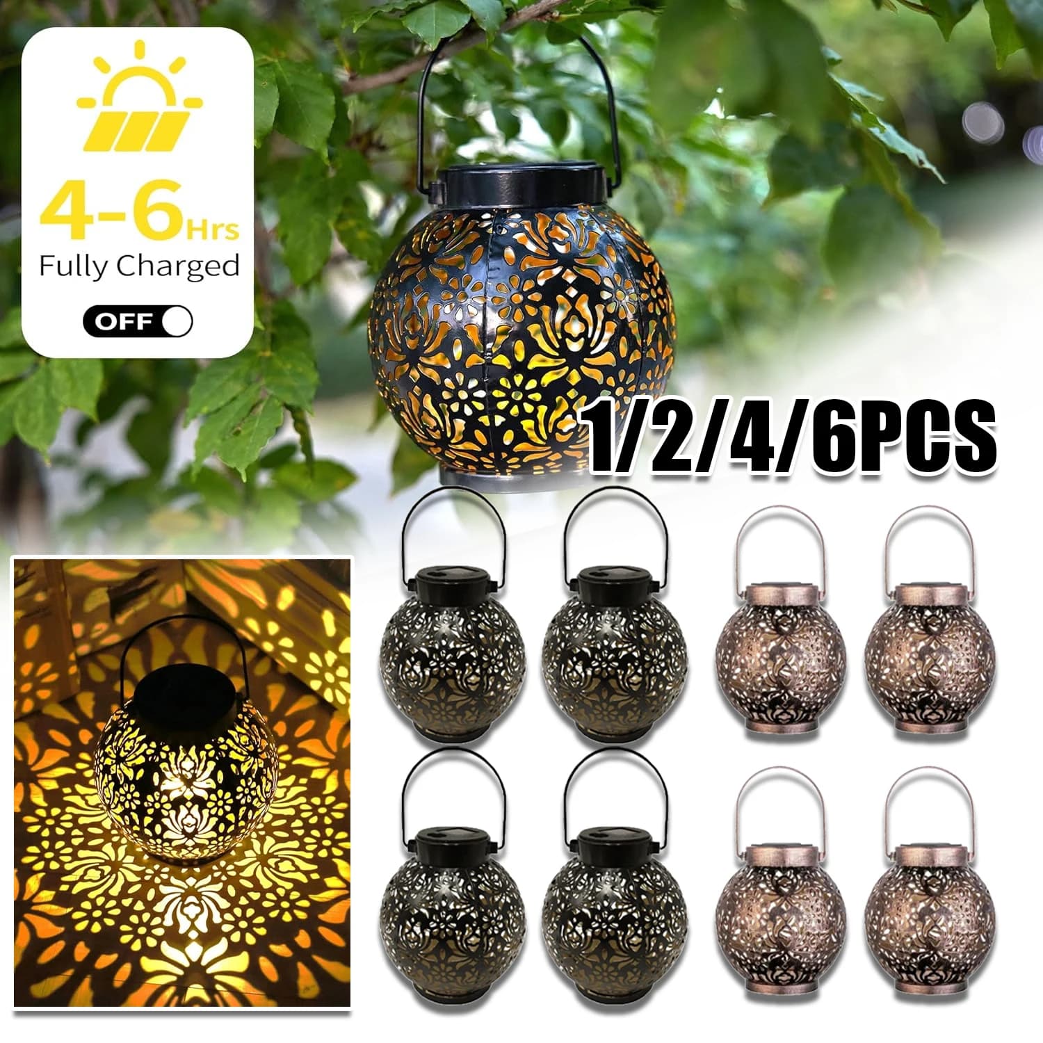 1-6 Lanterne Solari Marocchine da Esterno Impermeabili in Metallo con Luci LED Sospese per Patio, Prato, Giardino, Portico, Tavolo