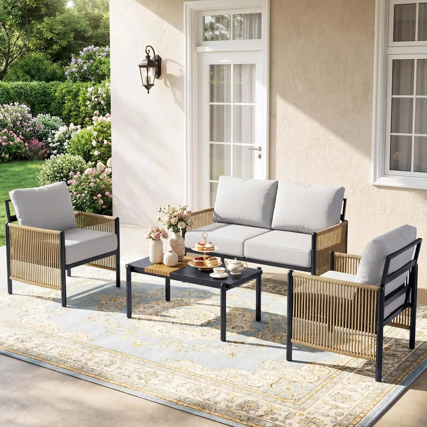 Set divano componibile da esterno in alluminio a 4 posti con tavolino, cuscini lavabili, copertura impermeabile, per giardino, piscina, personalizzabile