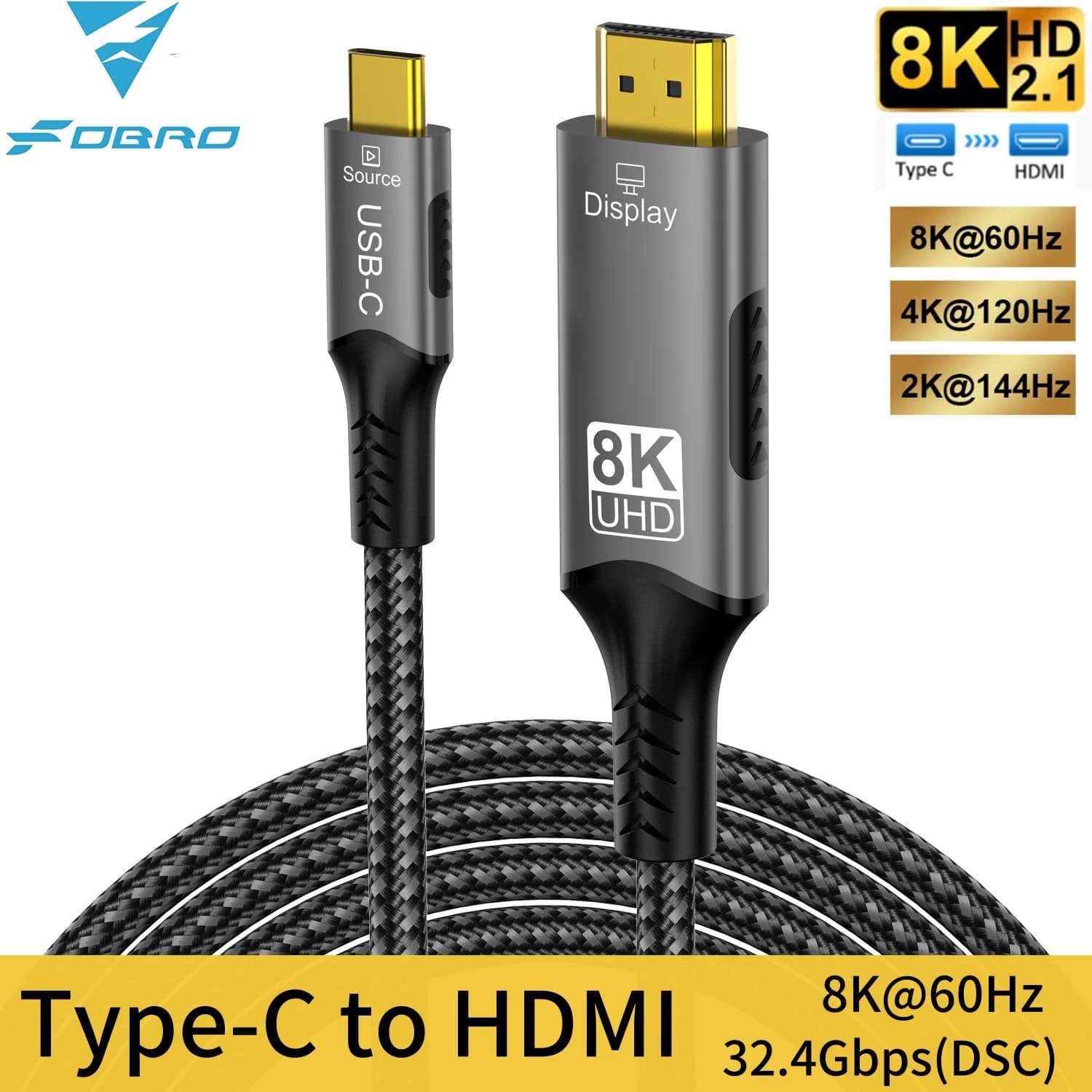 8K cable from type C to HDMI 2.1 32,4 Gbps 8K@60Hz 4K@120Hz Unidirectional support for RTX 4090 Xbox gaming laptop