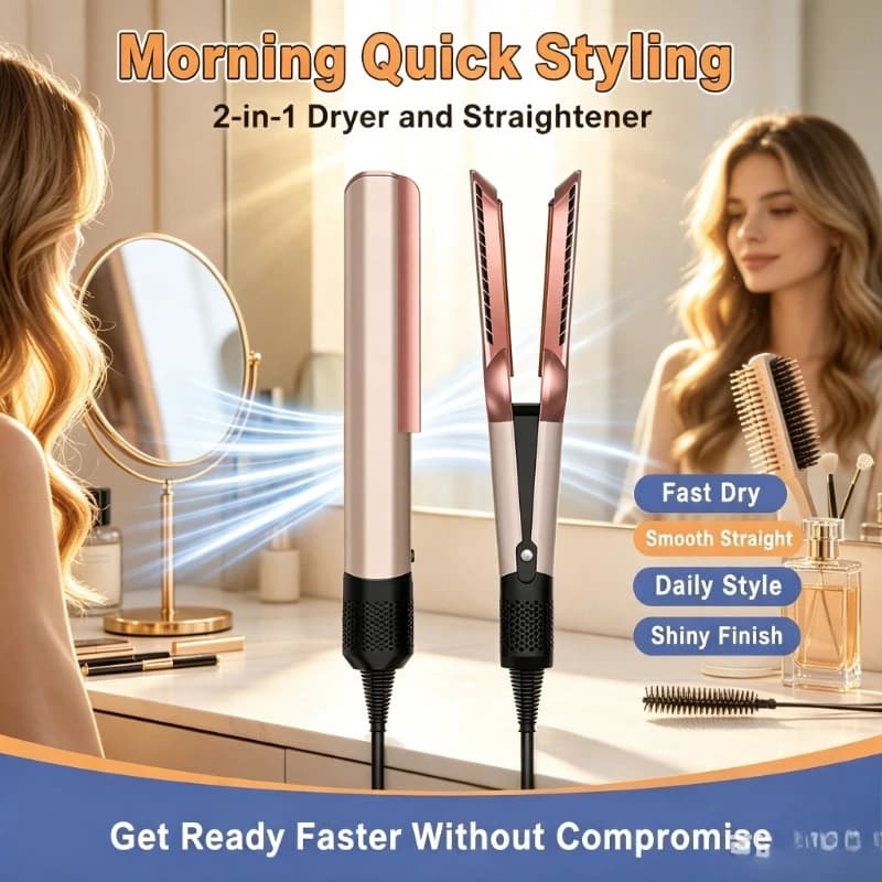 Home‑use Long‑last Hairstyle Tool,2‑in‑1 Straightener & Hair Dryer Built‑in Negative Ion Care