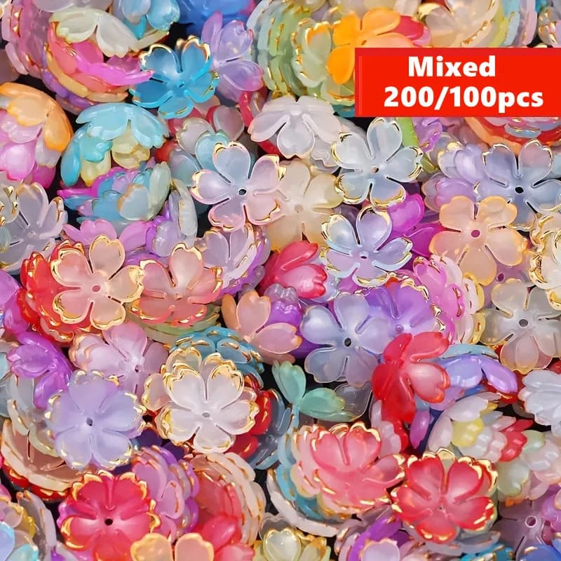 200/100pcs 15mm Colorful Acrylic Flower Beads - Pastel, Floral, and Golden Designs for DIY Making Supplies