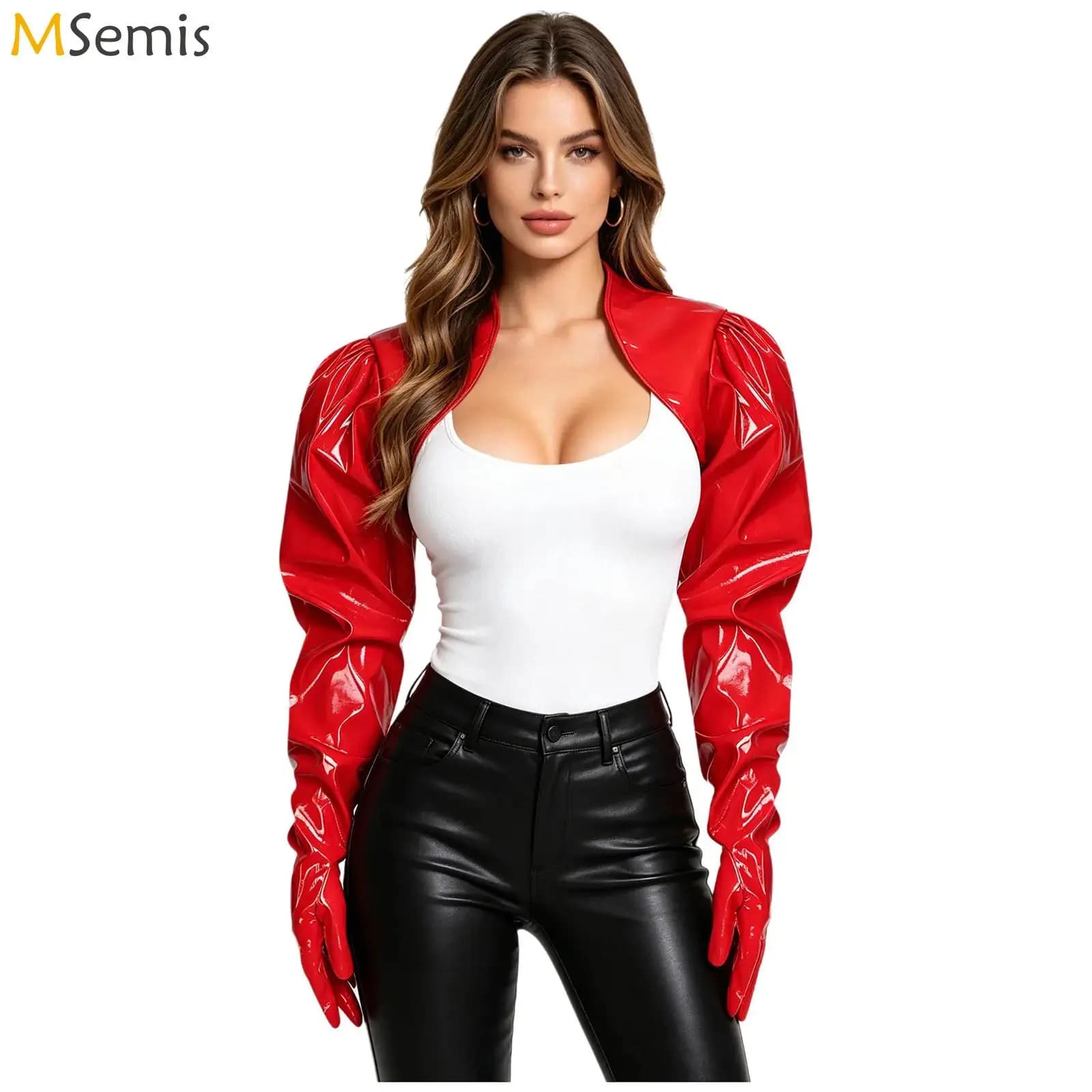 Bolero da donna in similpelle PU effetto lattice con guanti, top corto da festa, giacca corta aperta sul davanti, scialle, look bagnato, abbigliamento da club