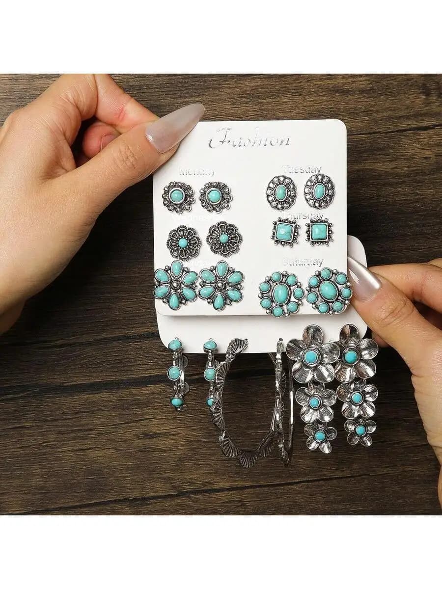 Vintage Bohemian Turquoise Floral Geometric Earring Set For Women