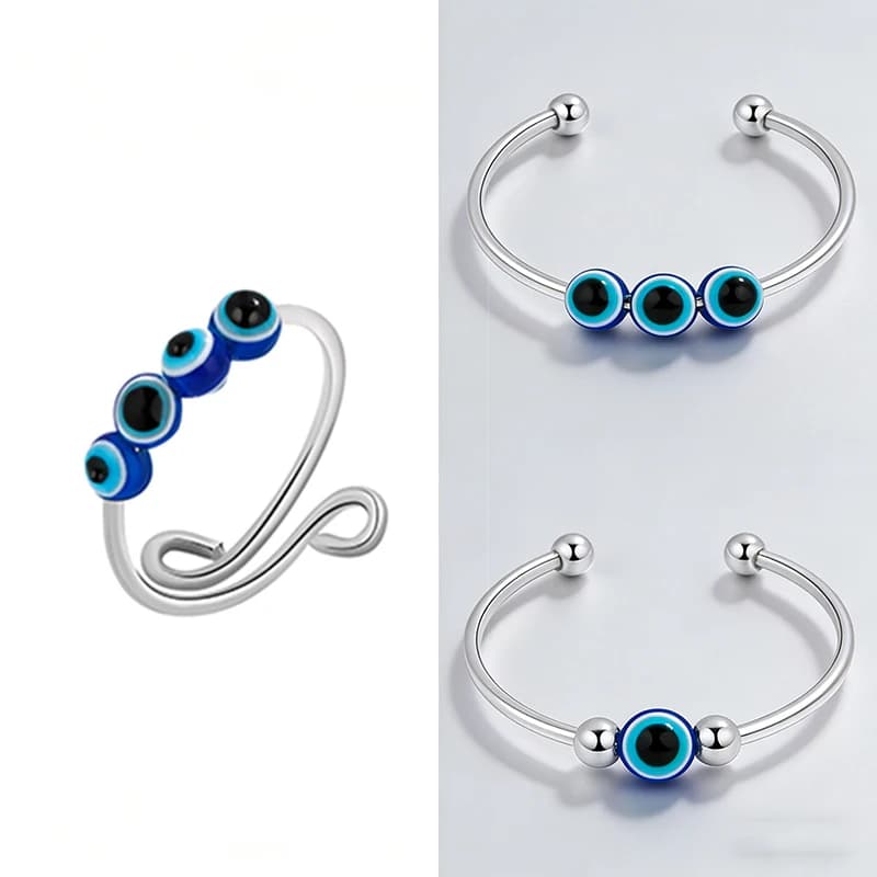 Anello Girevole con Perline Blu Occhio di Allah Contro l'Ansia, Gioielli Antistress, Anelli Gotici per Ragazzi e Ragazze, Accessori Regalo Rilassanti