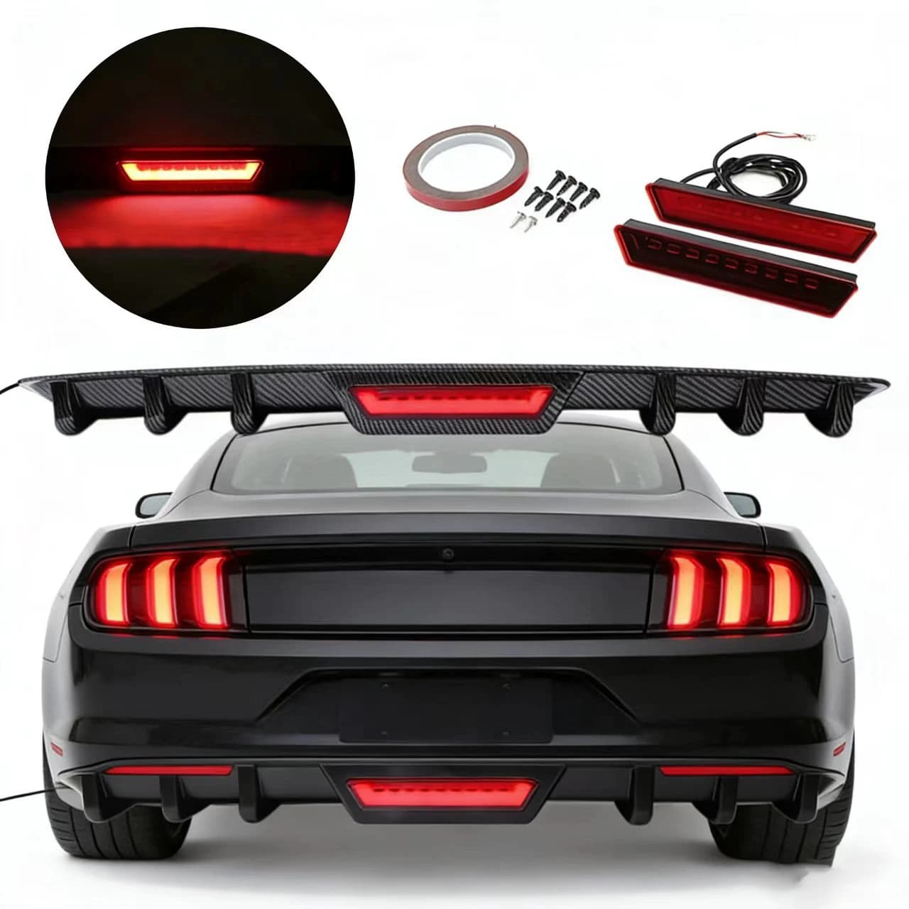 LAICY For For Chrysler 300C SRT8 Car Rear Bumper Diffuser Lip w/ Tail Brake Stop Light Splitter Spoiler Shark Fin Lip Kit Black